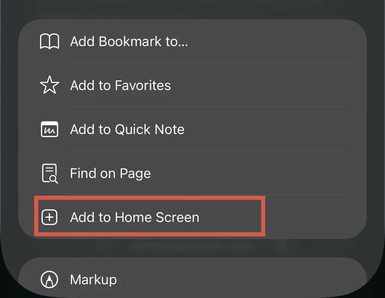 Add to Home Screen in the share sheet